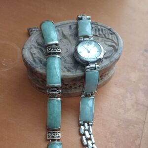 Jade And Sterling Silver Watch & Bracelet Set